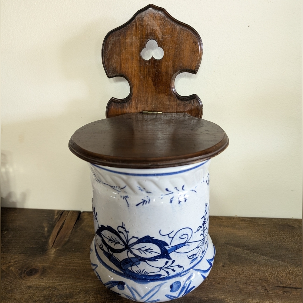 Blue Onion Antique Wood and Porcelain Salt Box Kitchen Wall Box Hanger Vintage